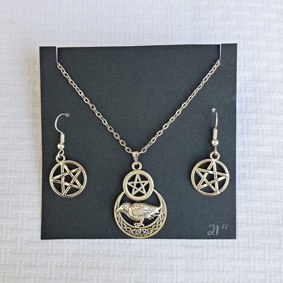 Pentagrams Crow 21" Necklace & Earrings Jewelry set - Picture 1 of 3